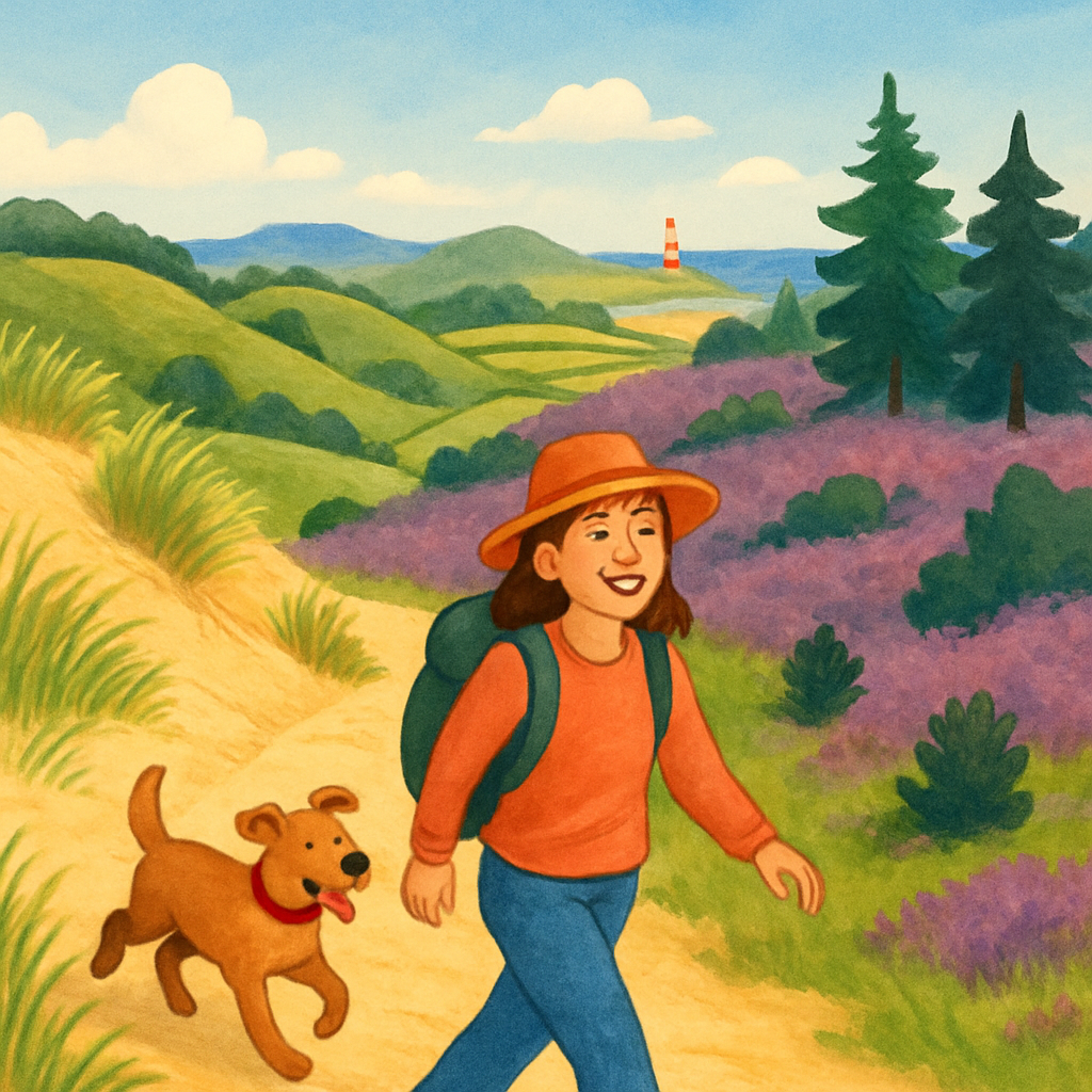 Een kleurrijke illustratie van een vrolijke wandelaar, Sanne de Boer, en haar hond die door een gevarieerd Nederlands landschap lopen, van duinen en heide tot heuvels en bossen.
