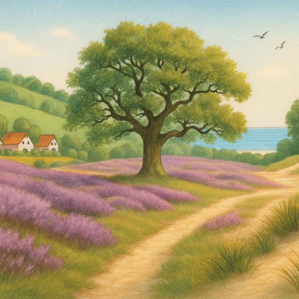 Een illustratie in een kleurrijke tekenstijl die de diversiteit van Nederlandse landschappen toont. Te zien zijn glooiende heuvels met enkele huisjes, uitgestrekte paarse heidevelden met een karakteristieke boom, en zandduinen met helmgras die uitlopen op een blauwe zee. De lucht is helder en het geheel straalt rust en ruimte uit.