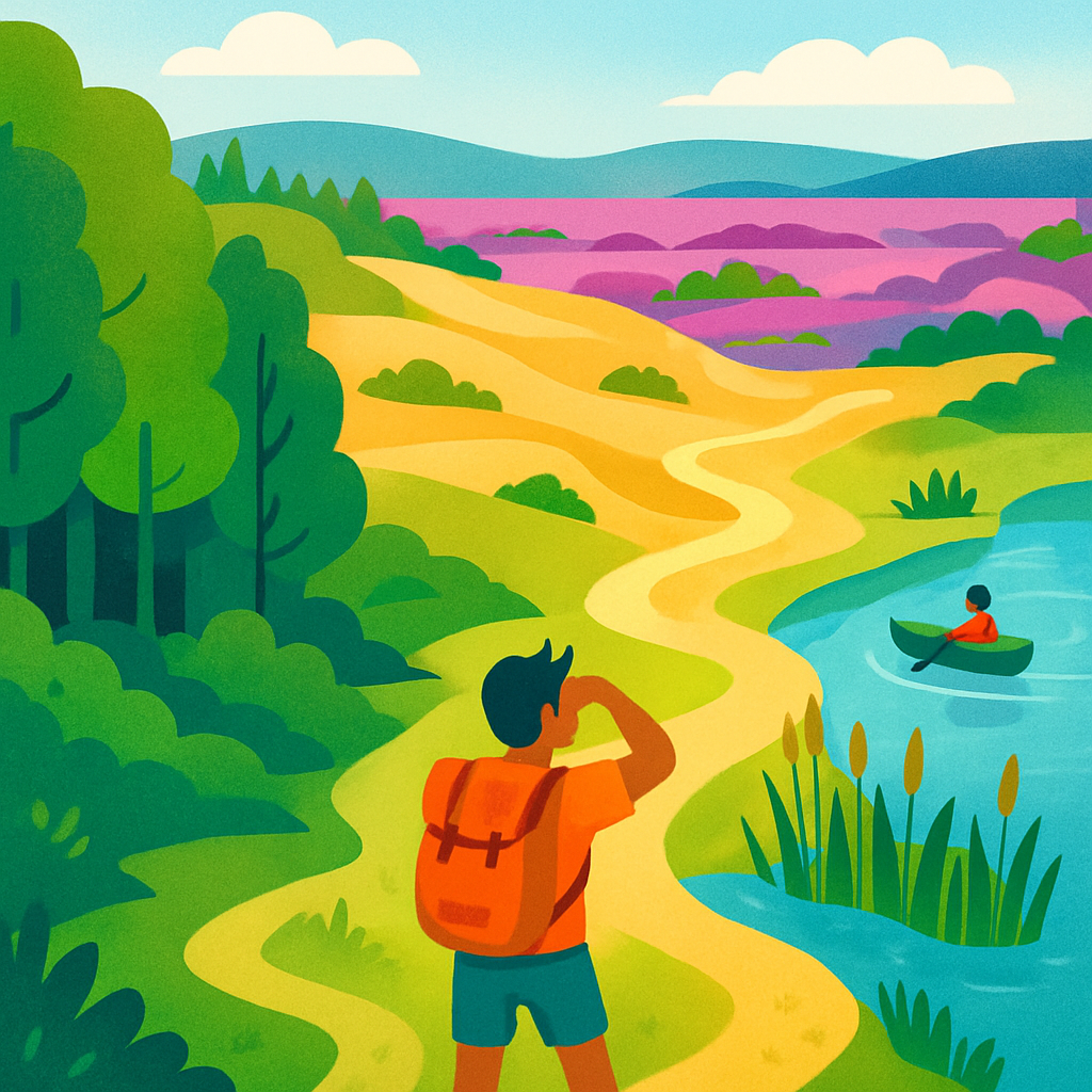 Een illustratie van een gevarieerd Nederlands landschap met bossen, zandduinen, een watergebied en bloeiende heide. Een klein figuur staat op een pad en kijkt uit over de scène.