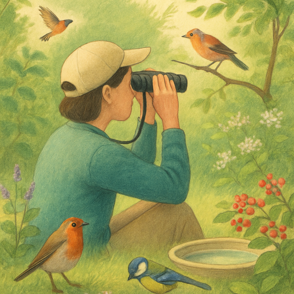 Een persoon zit kalm in een tuin, observeert vogels met een verrekijker. Diverse vogels vliegen rond of zitten op takken. De scène toont een waterschaal en inheemse planten.