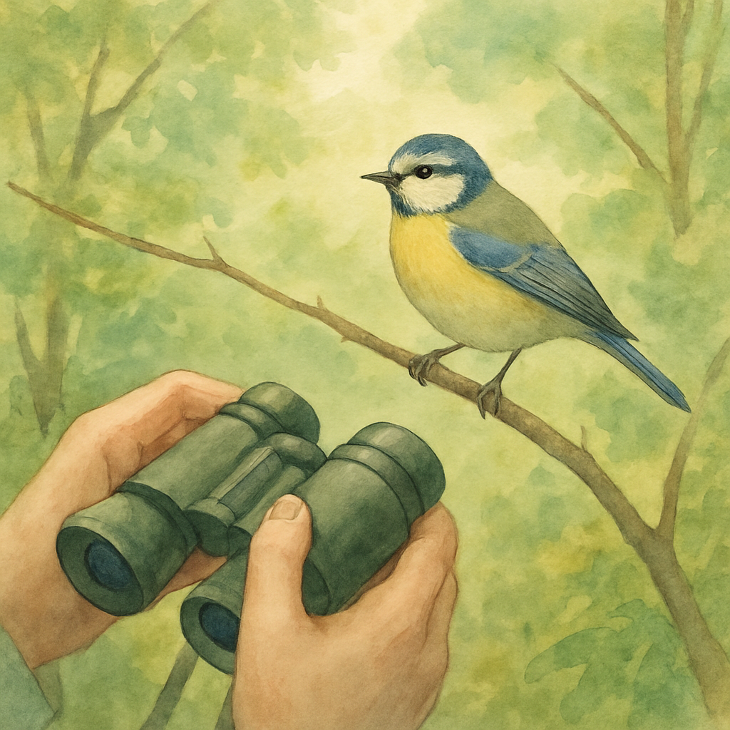 Een gedetailleerde, kleurrijke illustratie in tekenstijl van een persoon die door een verrekijker kijkt naar een kleine vogel op een tak in een weelderig groene, natuurlijke omgeving. De focus ligt op de rustige observatie en de vogel, die in het midden van het beeld staat.