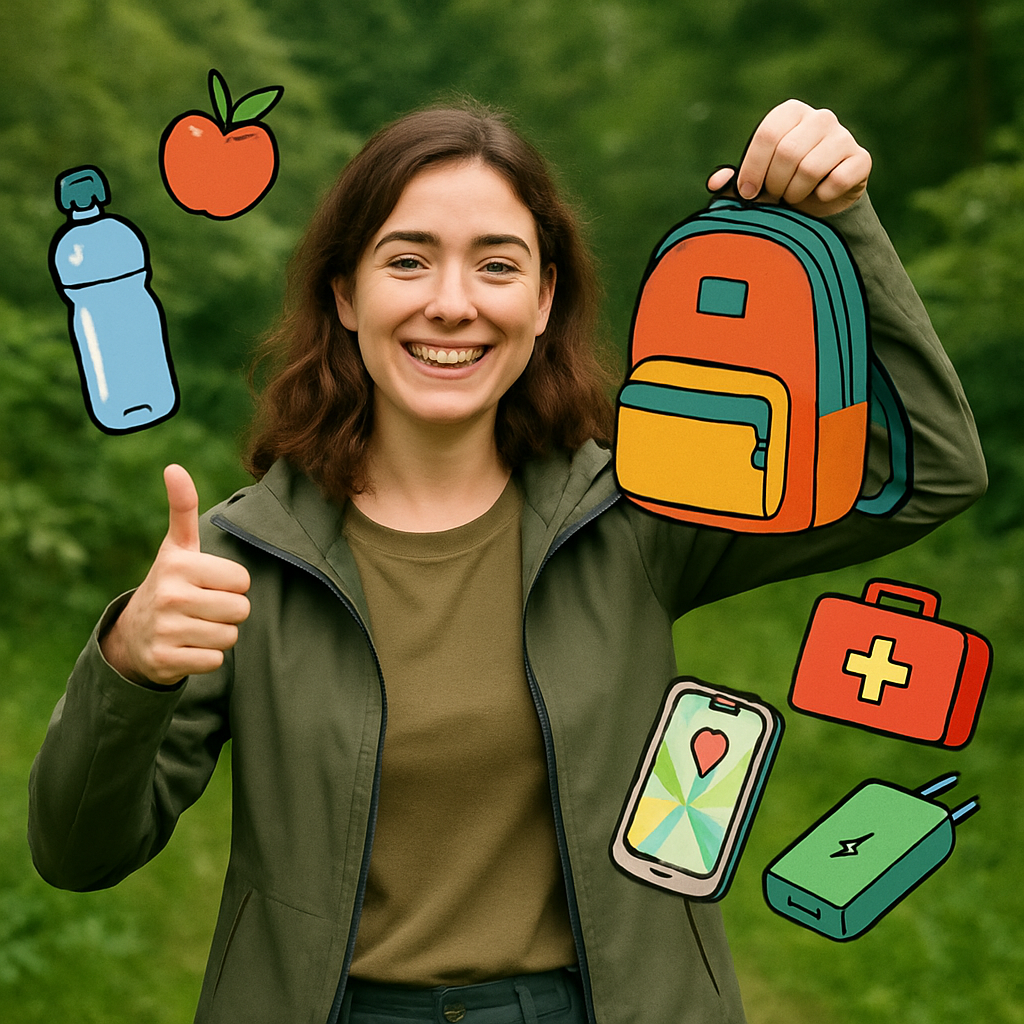 Een vrolijke Sanne de Boer in de natuur, met een rugzak en een duim omhoog. Om haar heen zweven illustraties van een waterfles, fruit, EHBO-kit, smartphone en powerbank, symbool staand voor goede voorbereiding.