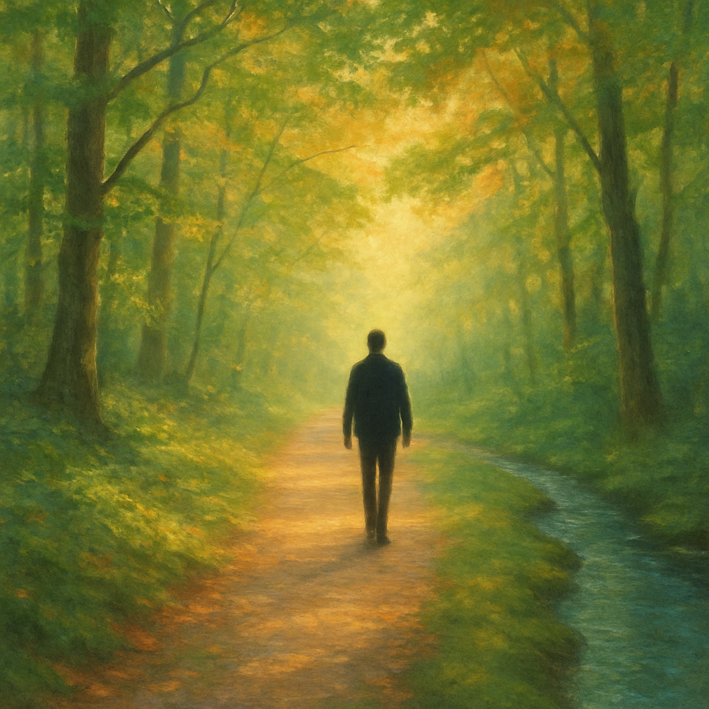 Een rustig, met mos begroeid bospad, badend in zacht, gefilterd zonlicht. Een persoon loopt langzaam weg, verdiept in gedachten, omringd door weelderig groen en een kabbelend beekje, wat een gevoel van vrede en verbondenheid met de natuur oproept.