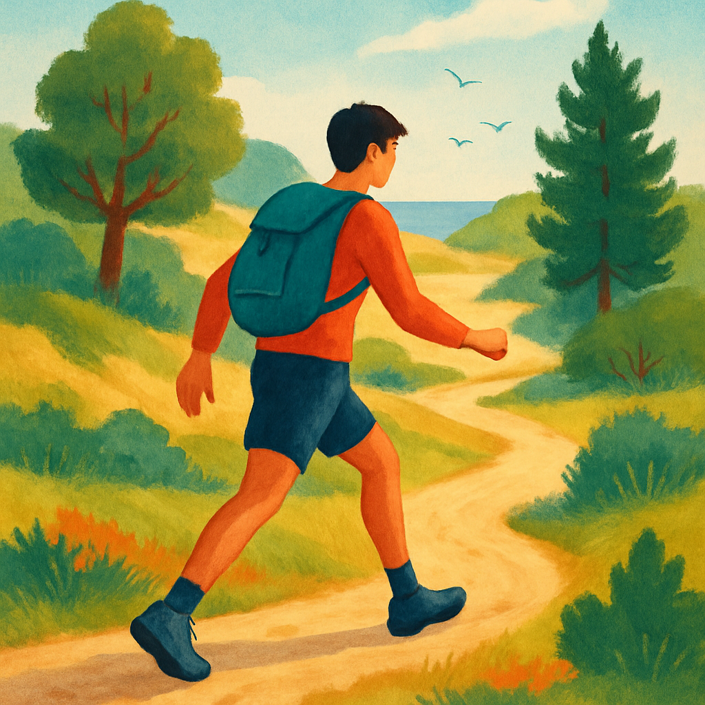 Een persoon in actie, aandachtig wandelend op een kronkelig pad in een Nederlands natuurgebied, omringd door duinen en bomen. De afbeelding illustreert geconcentreerde voetplaatsing en verbinding met de natuur.