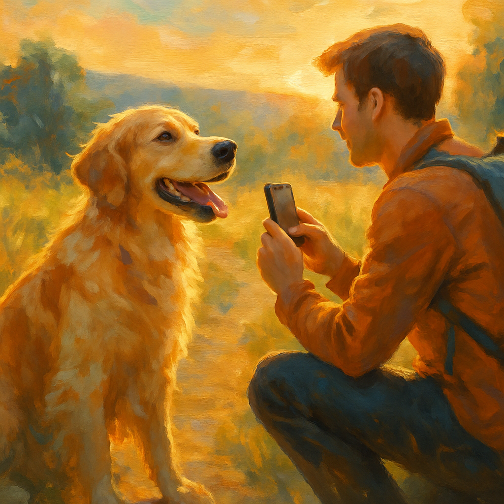 Een vrolijke hond kijkt naar zijn baasje dat knielend een foto maakt in het zonnige bos.