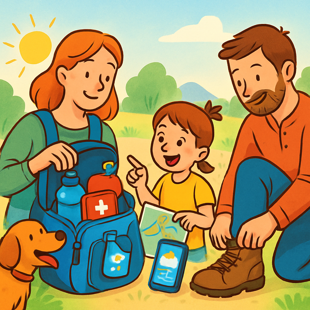 Een kleurrijke illustratie van een glimlachende familie, inclusief kind en hond, die met plezier spullen in een rugzak pakt. Er zijn wandelschoenen, een waterfles, snacks, een EHBO-kit en een telefoon met weerbericht zichtbaar, alles netjes voorbereid voor een wandeling in de natuur.