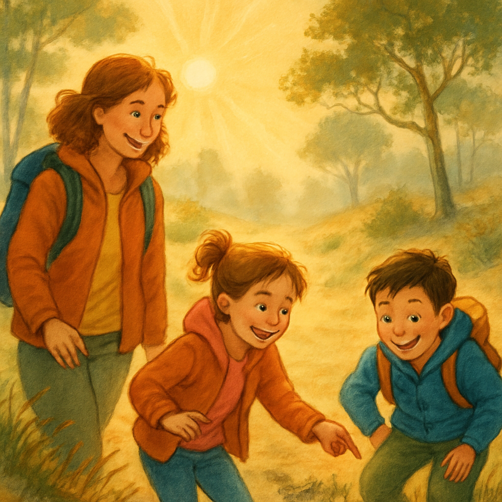 Een vrolijke tekening van een familie (moeder en twee kinderen) die wandelt op een zandpad in de natuur. De zon schijnt door de bomen en de kinderen wijzen enthousiast naar de grond.