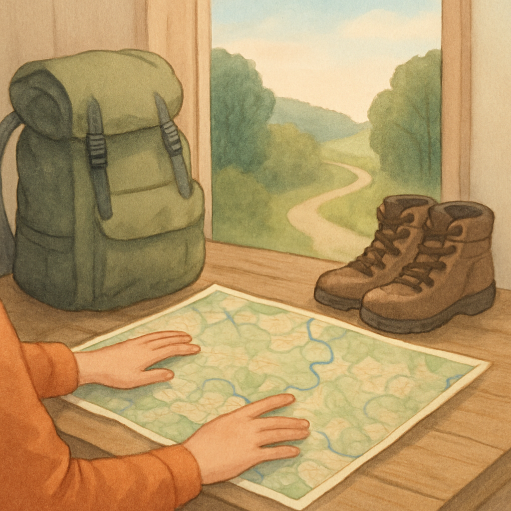 Een kleurrijke tekening van handen die een gedetailleerde wandelkaart bestuderen, geflankeerd door een wandelrugzak en schoenen. Op de achtergrond is een glimp van een rustiek Nederlands landschap zichtbaar.