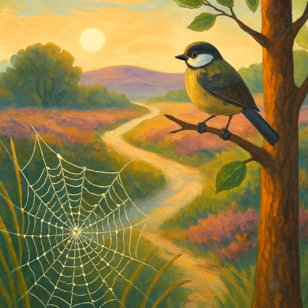 Een illustratie van een rustig Nederlands landschap met een dauwrijk spinnenweb op de voorgrond. Een kronkelend pad leidt naar verre heuvels. Een vogel zit op ooghoogte op een tak, terwijl de zon warme tinten werpt op de gedetailleerde boomschors.