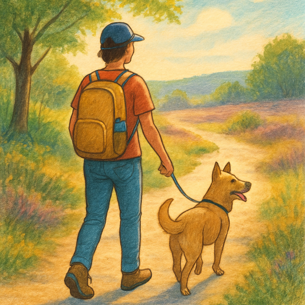 Een illustratie in kleurrijke tekenstijl van een persoon met rugzak en een vrolijke hond aan de lijn, wandelend op een pad in een rustige, groene natuurlijke omgeving. De scène straalt voorbereiding en harmonie uit.