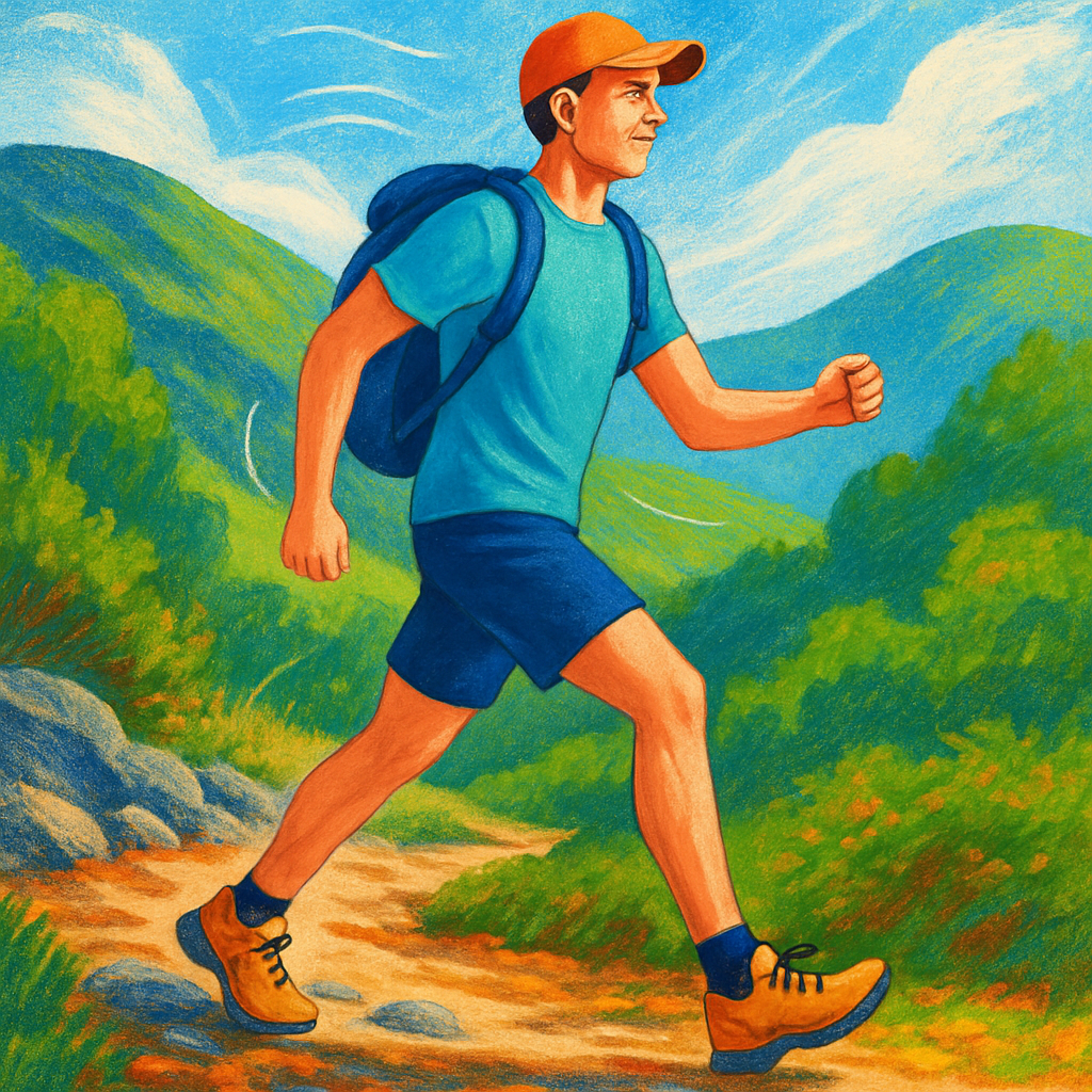 Een kleurrijke illustratie in tekenstijl van een persoon die met goede looptechniek en een energieke uitstraling wandelt op een afwisselend pad in de natuur. De wandelaar is in volle beweging, met de focus op bewuste voetplaatsing en een actieve houding. De omgeving toont groene heuvels onder een blauwe lucht, wat een gevoel van avontuur en buiten zijn oproept.