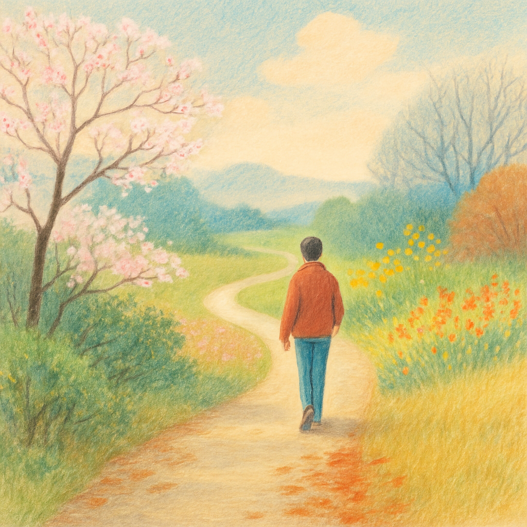 Een kleurrijke, dromerige tekening van een persoon die een pad bewandelt. Rondom het pad zijn elementen van lente, zomer, herfst en winter te zien, zoals bloemen, bladeren en kale takken, wat de cyclus van de natuur symboliseert.