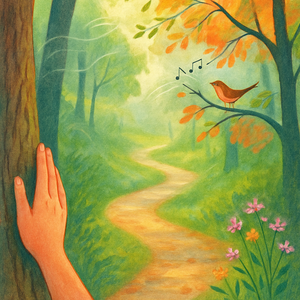 Een kleurrijke tekening van een rustig bos met gefilterd zonlicht, een pad, en details van boomschors en wilde bloemen die zintuiglijke waarneming stimuleren.