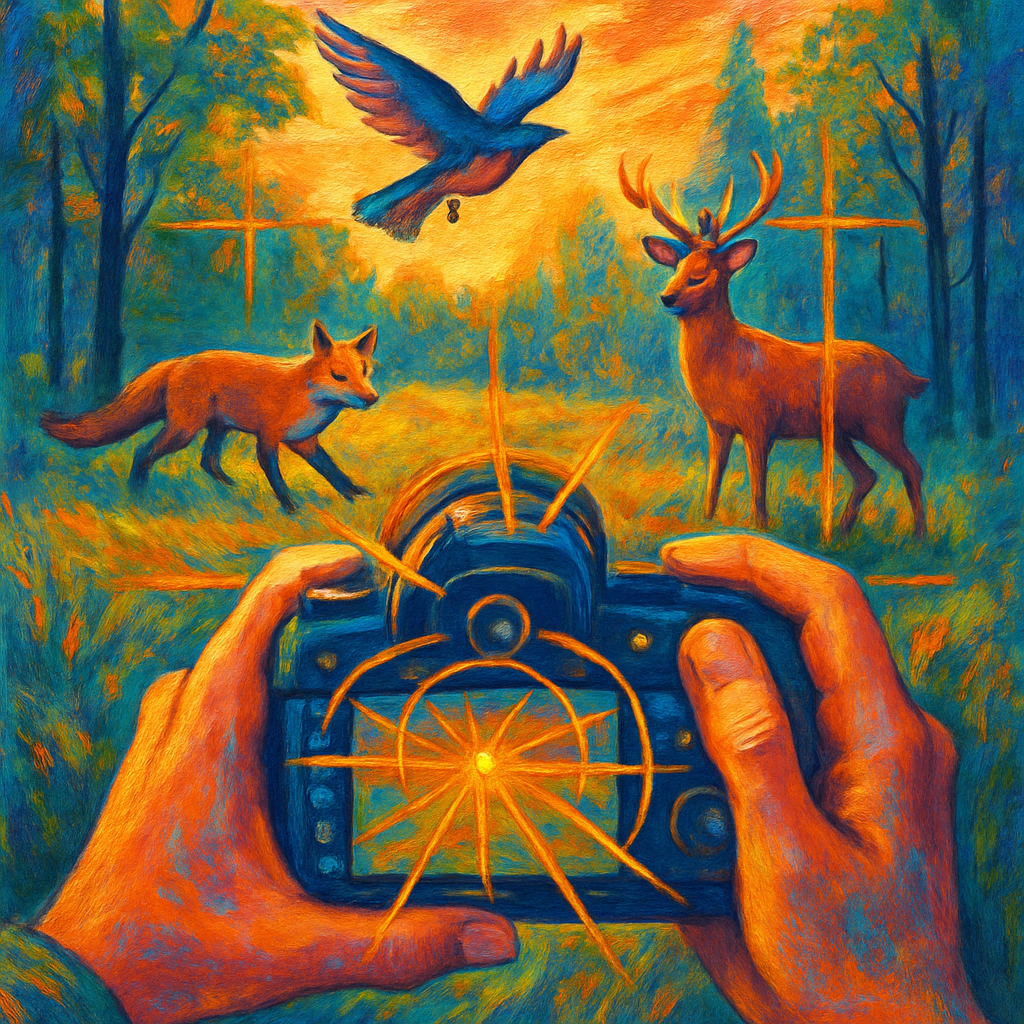 Een kleurrijke illustratie van natuurfotografie. Handen houden een camera vast met focuspunten en lichtstralen. Rondom zijn diverse wilde dieren, zoals een vogel en een vos, te zien in een door gouden licht beschenen landschap. Subtiele compositielijnen suggereren de regel van derden.