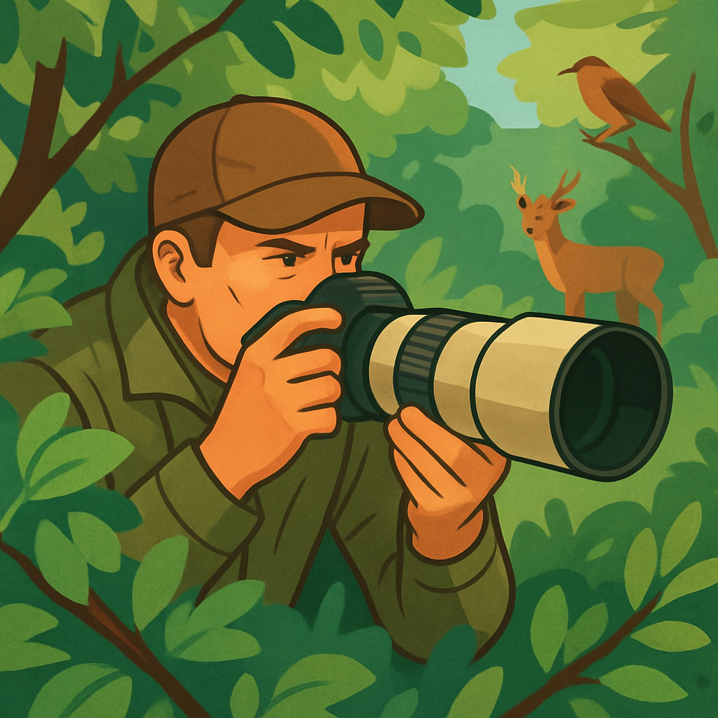 Een illustratie van een fotograaf met een telelens, deels verborgen in groen gebladerte, die geduldig een hert observeert in een bosrijke omgeving, in een kleurrijke tekenstijl.