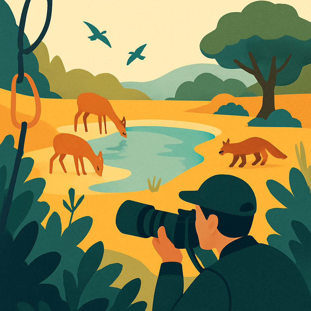 Een illustratie in tekenstijl van een fotograaf die, verscholen achter struiken, op afstand wilde dieren observeert bij een waterplaats in een natuurgebied. De dieren drinken en foerageren rustig. Het symboliseert ethische natuurfotografie en het vinden van de juiste, respectvolle locatie.