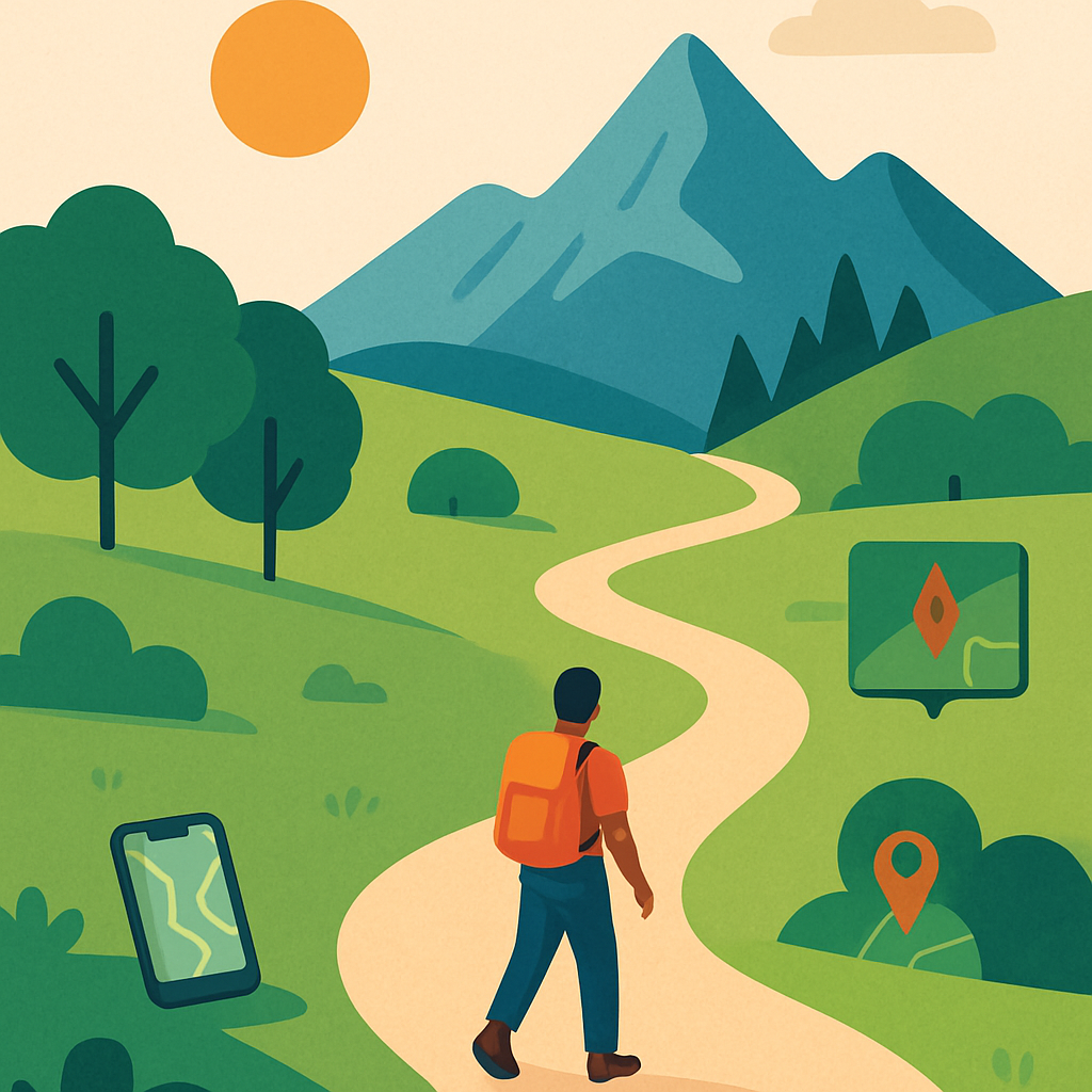 Een kleurrijke, getekende afbeelding van een wandelpad dat van een groen stadspark overgaat in een bergachtig landschap. Een wandelaar met rugzak loopt over het pad, symbool voor het plannen van een avontuur, met hints naar navigatie en natuurrespect.
