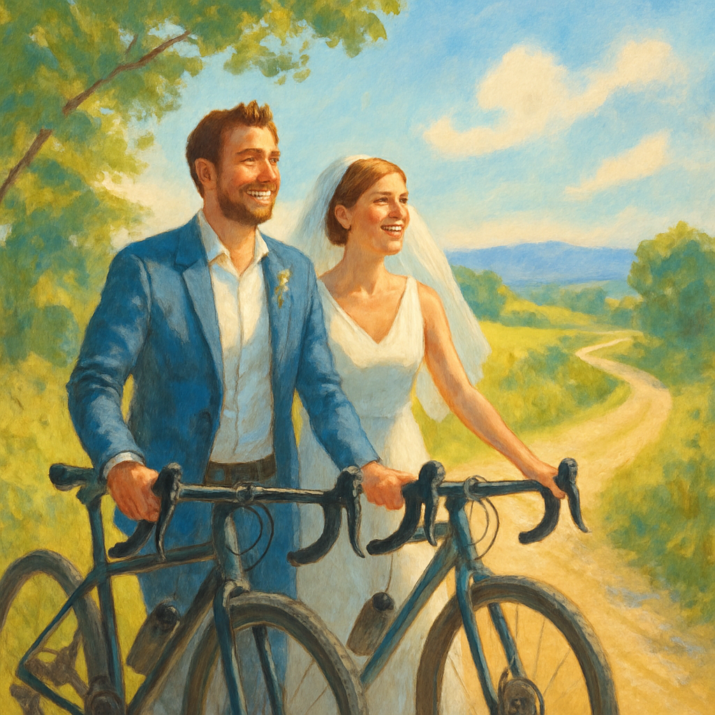 Een illustratie van een pasgetrouwd stel met gravelbikes op een onverhard pad, omringd door natuur. Ze kijken vol verwachting naar de horizon.