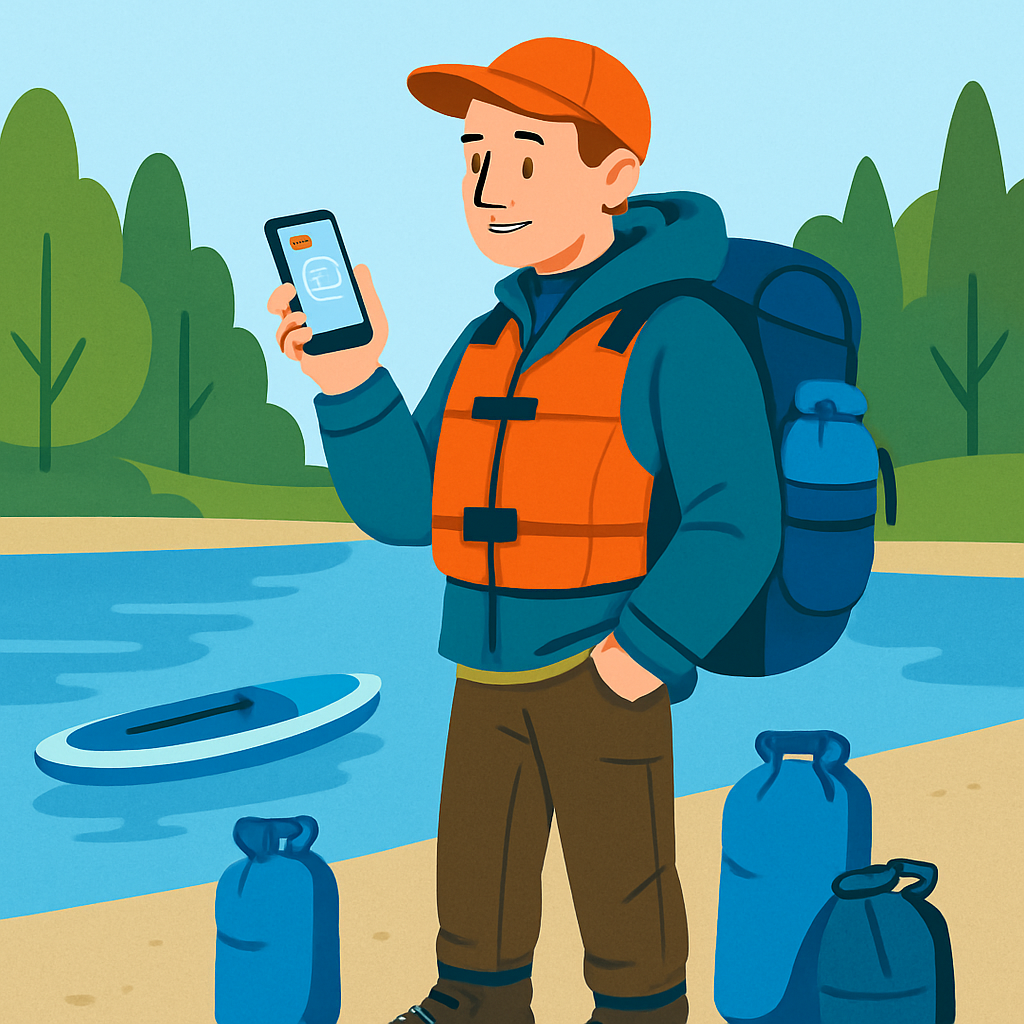 Een illustratie van een persoon die buiten een kaart controleert, omringd door essentiële items zoals een reddingsvest, waterdichte rugzak en wandelschoenen, bij een meer met bomen op de achtergrond.