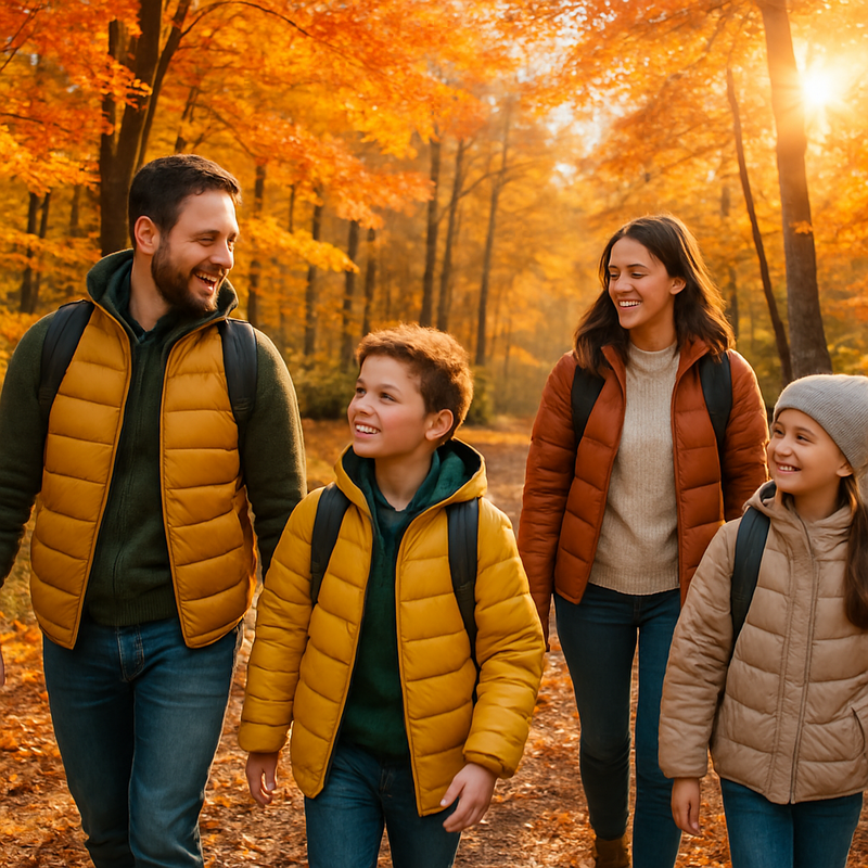 Gezin maakt een herfstwandeling in een bos met kleurrijke bladeren in Nederland