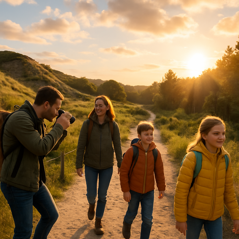Gezin wandelt en fotografeert in nationaal park met duinen en bossen tijdens zonsondergang