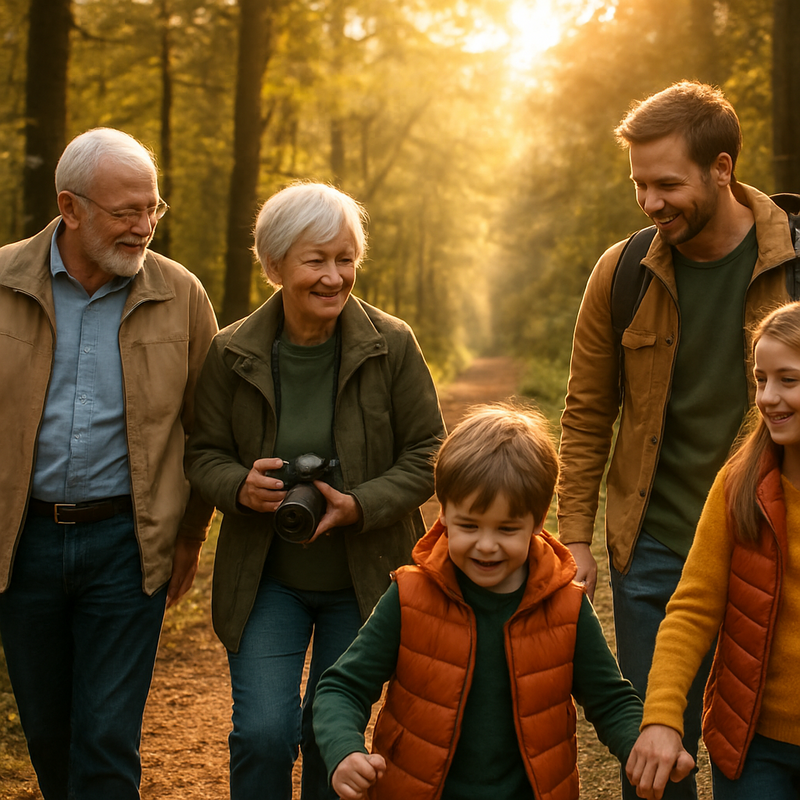 Nederlandse familie met kinderen en ouderen wandelt samen in het bos tijdens zonsondergang, genietend van natuur en buitenactiviteiten
