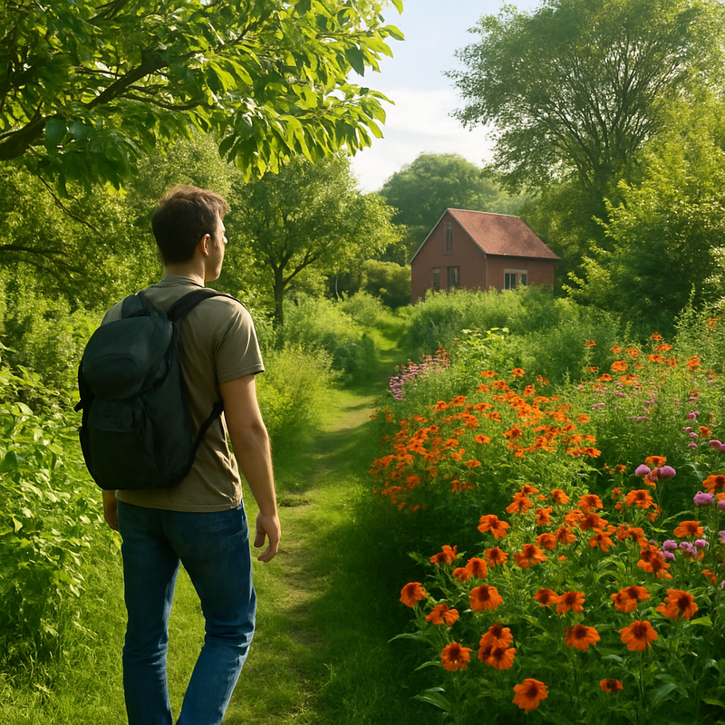 Wandelaar in kleurrijk voedselbos dichtbij boerderij, zonlicht tussen bomen