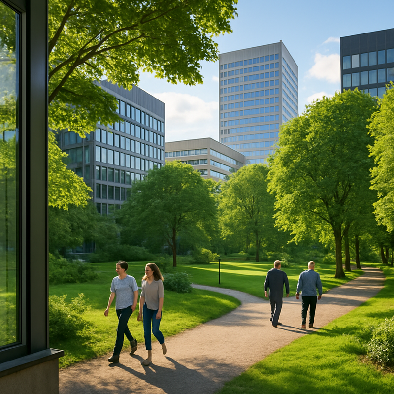 Mensen wandelen en werken in een groene stedelijke omgeving met zicht op bomen en parken