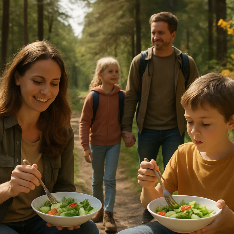 Gezin wandelt op een bospad en eet lokale groenten aan een picknicktafel