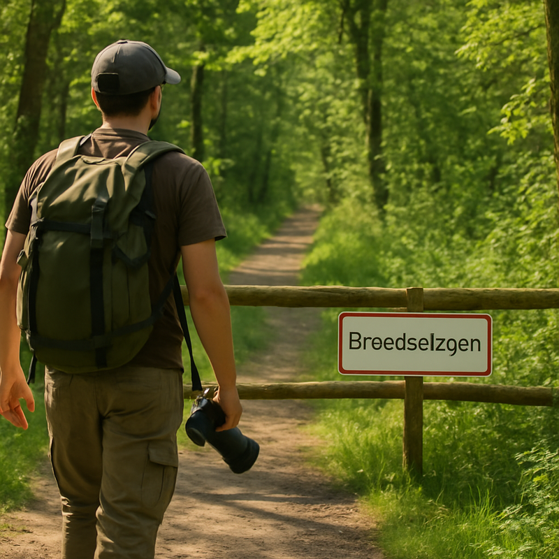 Wandelaar met camera loopt langs een tijdelijk afgesloten pad in een bos