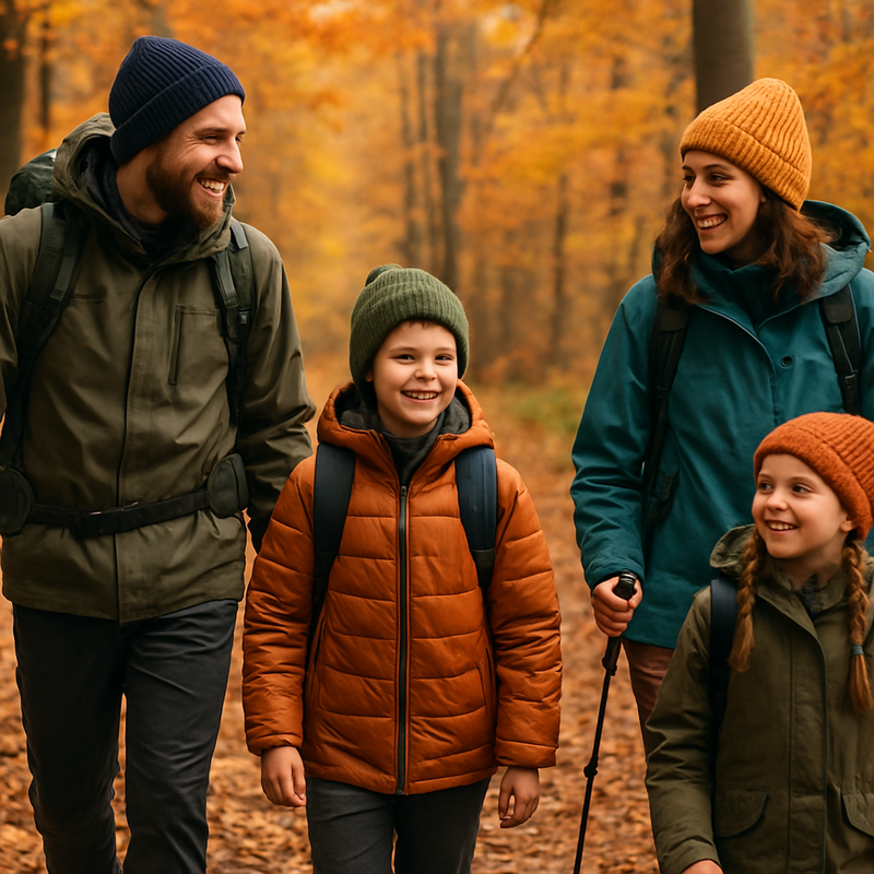 Gezin wandelt in herfstbos met outdoor kleding en rugzakken