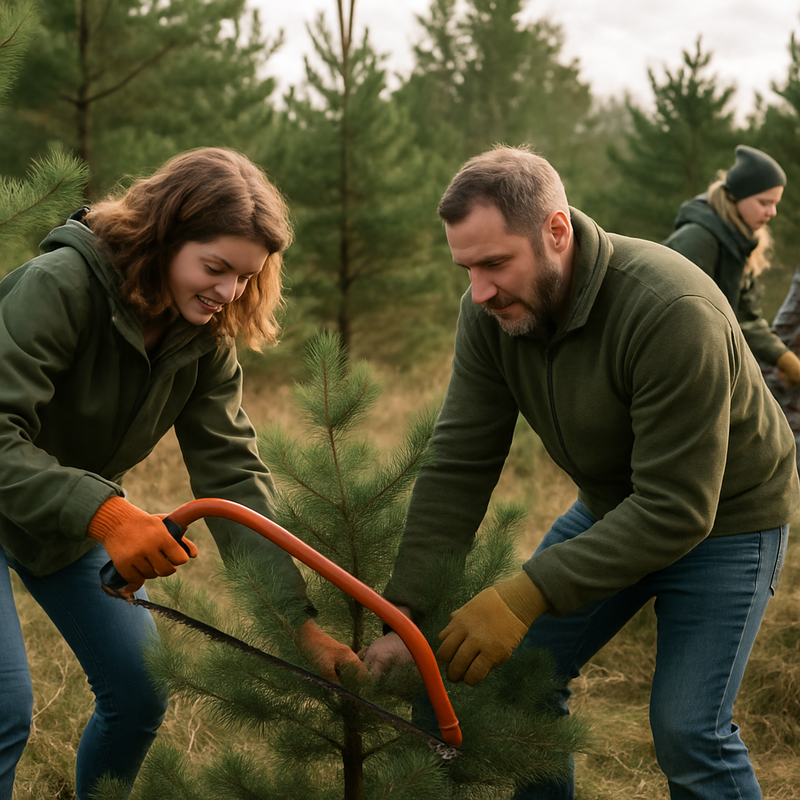 Vrijwilligers zagen kerstbomen in Nationaal Park De Hoge Veluwe in de winter