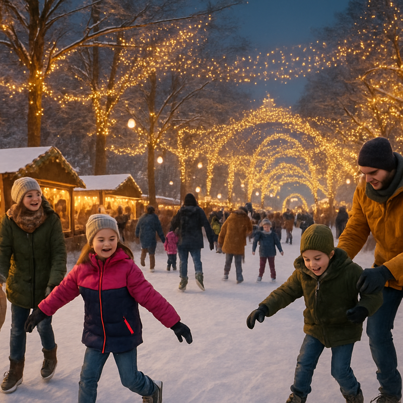 Families genieten van een winterse lichtfestival en ijsbaan buiten in Nederland
