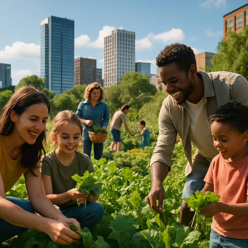 Gezin plukt eetbare planten in een groene stadstuin met hoge gebouwen op de achtergrond