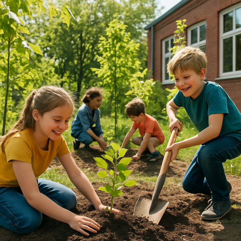 Kinderen die bomen planten in een klein bosje bij een school, zonnige dag