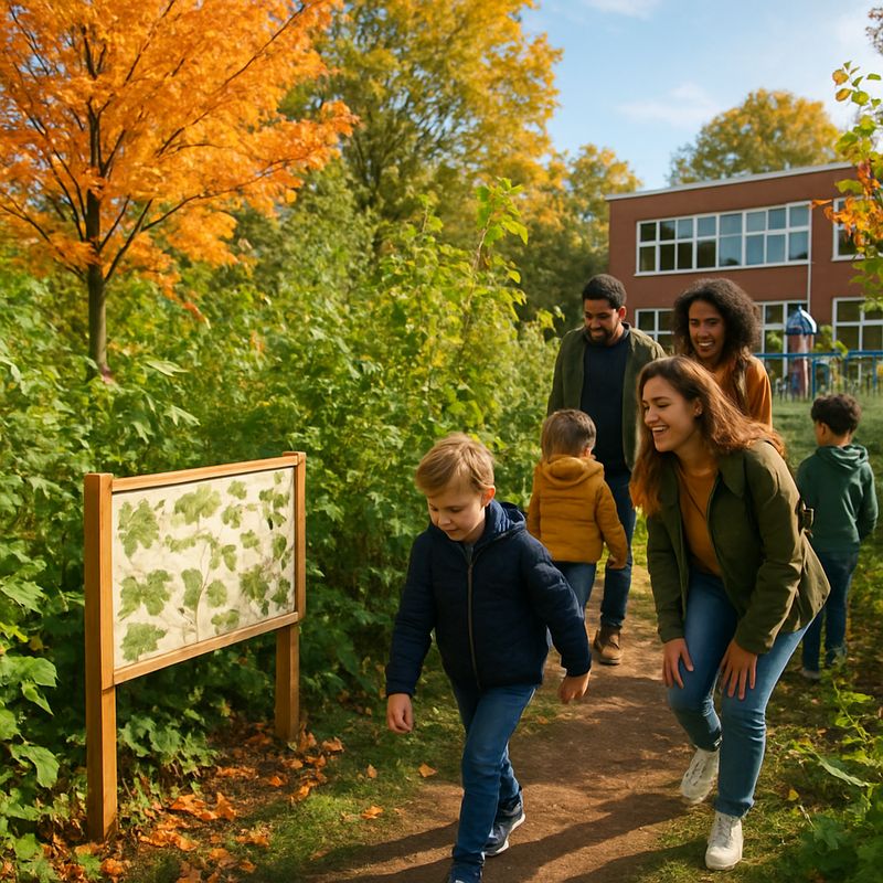 Kinderen en ouders wandelen in een minibos naast een schoolplein, lerend over de natuur.