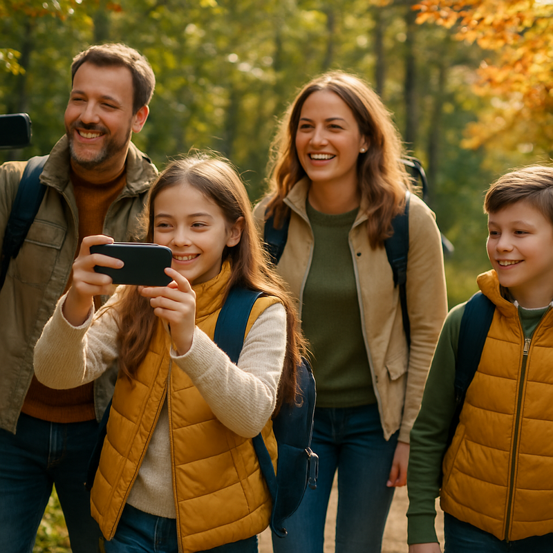 Gezin wandelt met rugzakken in fotogeniek bos tijdens zonnige dag