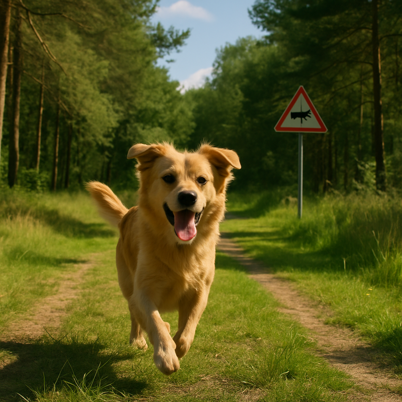 Hond rennend in bos nabij een wolf-waarschuwingsbord