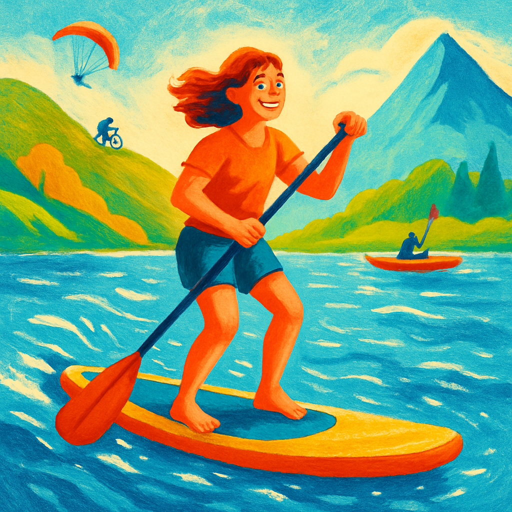 Een kleurrijke tekening toont een persoon die enthousiast op een paddleboard staat op een rustig meer. Op de achtergrond zijn subtiel groene heuvels met een wandelaar te zien, en aan de andere kant een kajakker en een bergtop, die de diversiteit van land-, water- en luchtactiviteiten in de natuur uitbeelden.
