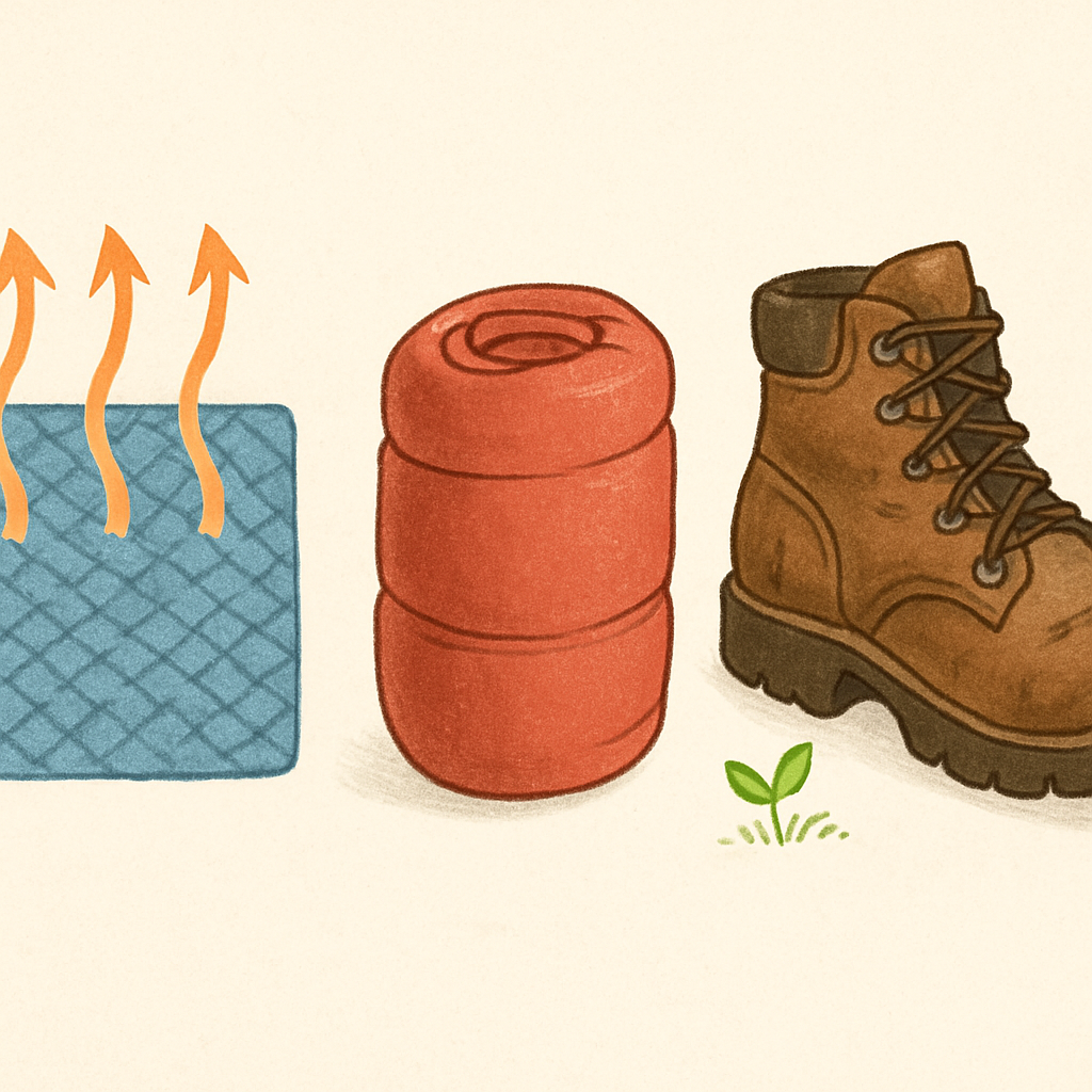 Een illustratie van ademend vermogen (luchtstroom door stof), compactheid (een opgerolde jas) en duurzaamheid (een stevige, beproefde wandelschoen).