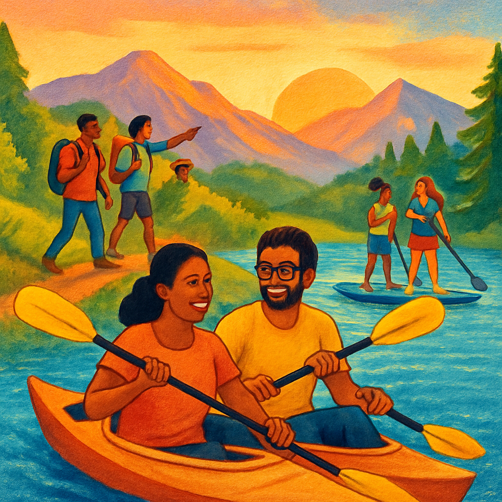 Een kleurrijke illustratie van vrienden en familie die samen genieten van buitensporten, zoals kajakken, wandelen en suppen op een zonnige dag.