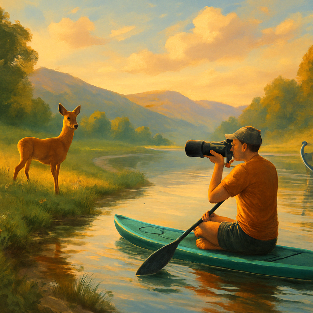 Een kleurrijke tekening van een fotograaf op een supboard of in een kajak die een dier aan de waterkant fotografeert, met een landschap bij zonsopgang of zonsondergang op de achtergrond.