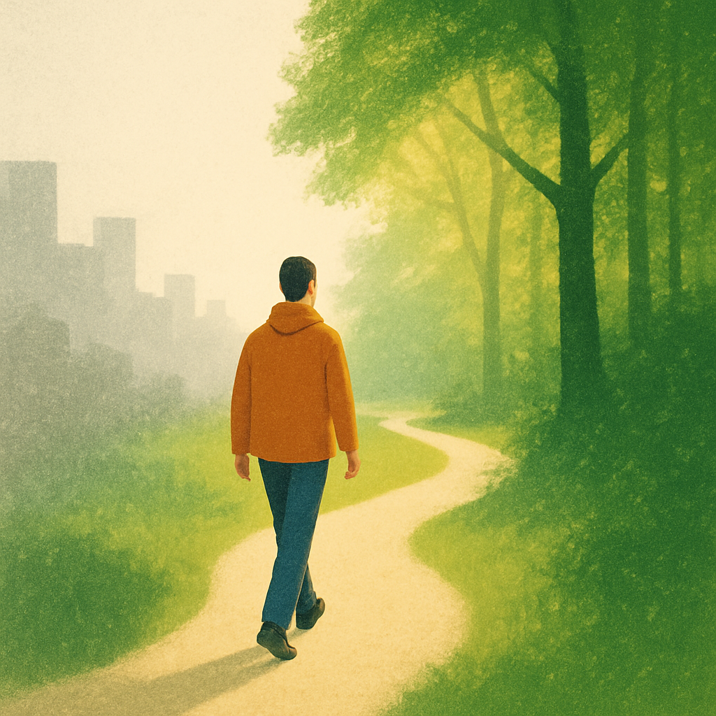 Een illustratie van een persoon die een pad bewandelt, van een lichte stedelijke rand naar een weelderig, zonnig bos, wat de overgang naar rust en natuur symboliseert.