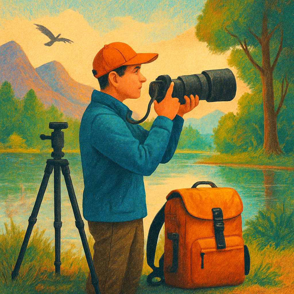 Een kleurrijke tekening van een natuurfotograaf met een camera en telelens, staand aan de rand van een meer of rivier. Naast de fotograaf staat een statief en ligt een waterdichte tas. Op de achtergrond zijn bergen, bomen en vogels te zien, wat een gevoel van avontuur en voorbereiding in de natuur weergeeft.