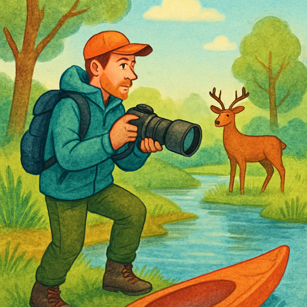 Illustratie van een natuurfotograaf met camera en telelens in waterdichte kleding, die een hert in het bos fotografeert vanaf een respectvolle afstand. Een kajak of sup ligt op de achtergrond bij een meer, symboliserend de voorbereiding op verschillende elementen en de 'leave no trace' gedachte.