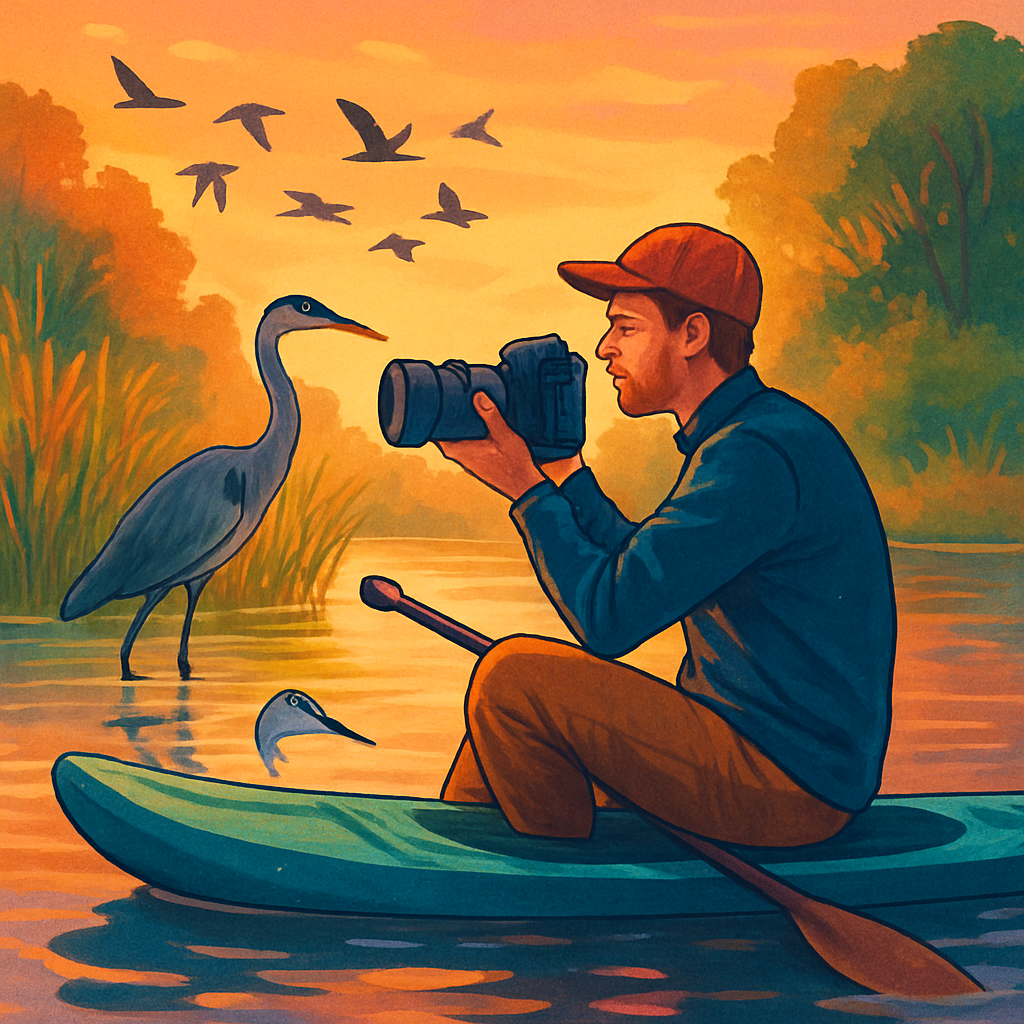 Een kleurrijke, geïllustreerde scène van een persoon in een kajak met een camera, die een vogel observeert in een rietkraag bij zonsopgang of zonsondergang, symboliserend geduld en verbinding met de natuur.