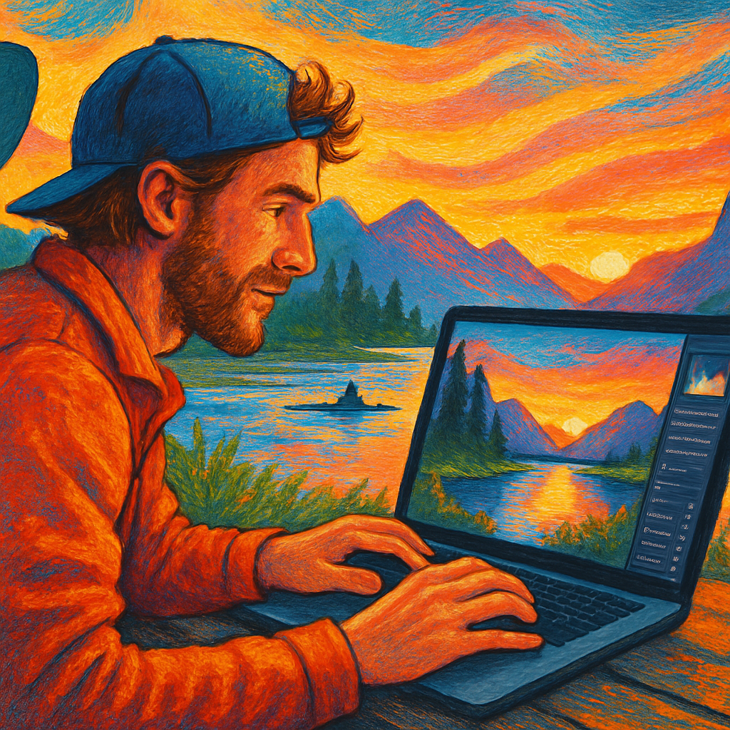 Een illustratie van een energieke fotograaf die achter een laptop zit. Op het scherm is een prachtig bewerkt natuurlandschap te zien. Op de achtergrond zijn subtiele elementen van water en bergen zichtbaar, wat duidt op de buitenbeleving.