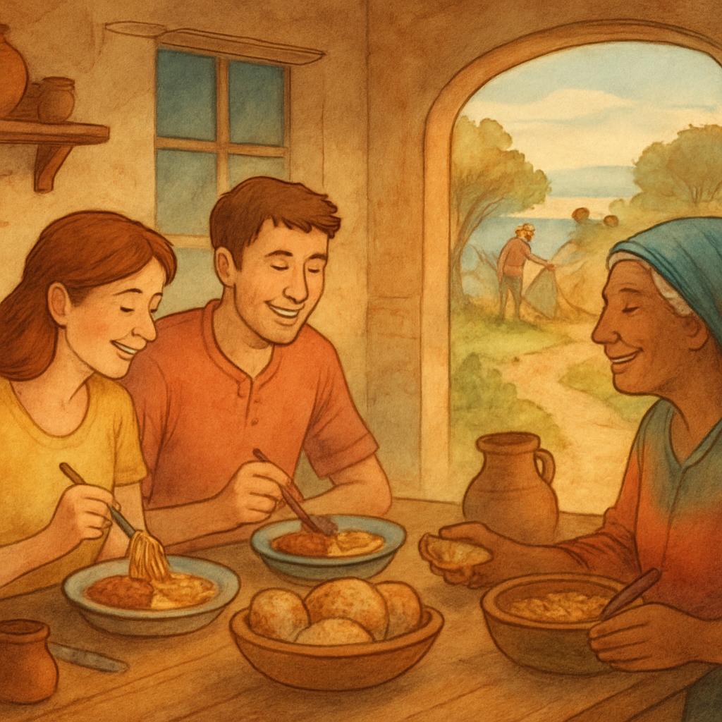Een kleurrijke tekening van een koppel dat glimlachend een maaltijd deelt met een oudere vrouw in een rustieke keuken, met op de achtergrond een visser aan zee en andere mensen die elkaar ontmoeten, alles in een open landschap dat verbinding en gastvrijheid uitstraalt.