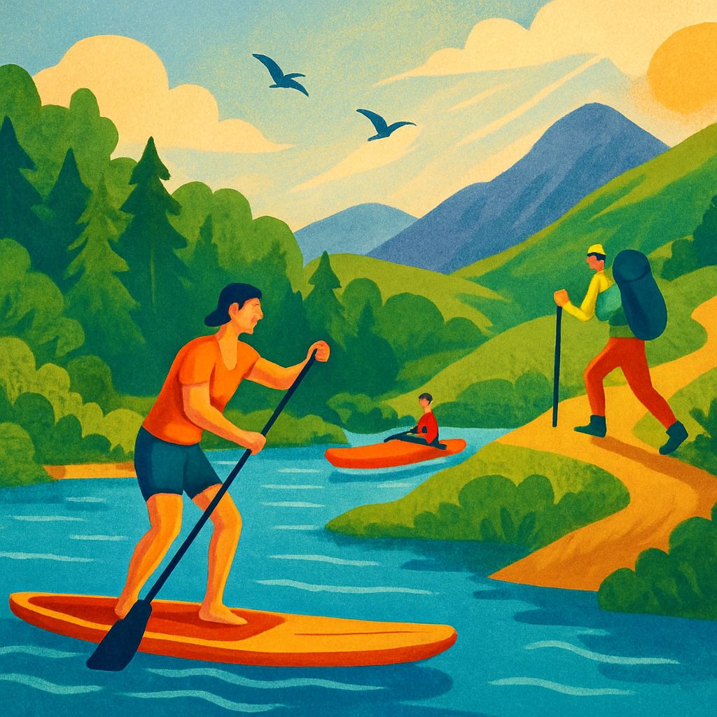 Een kleurrijke tekening toont mensen die diverse buitensporten beoefenen: suppen op een meer, wandelen over heuvels en kajakken op een rivier, allemaal te midden van weelderige natuur.