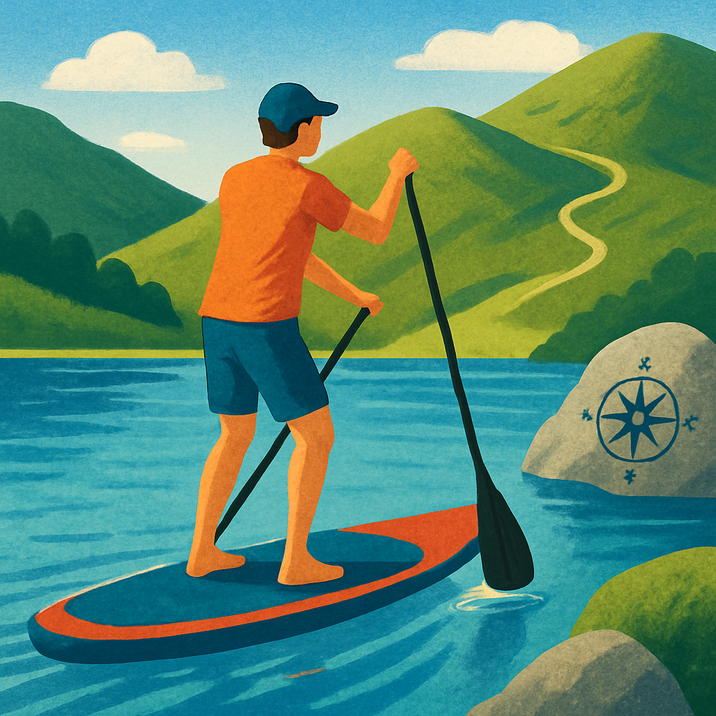 Een kleurrijke tekening van iemand die zelfverzekerd op een sup peddelt op een rustig meer. Op de achtergrond zijn groene heuvels met een wandelpad te zien en een subtiel kompas. Het geheel straalt respect voor de natuur en avontuur uit, met nadruk op het verdiepen van vaardigheden.